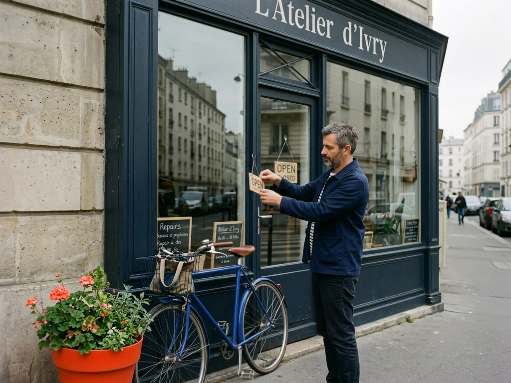 Commerçant d'Ivry-sur-Seine devant sa boutique, illustrant la visibilité locale sur Google Maps.