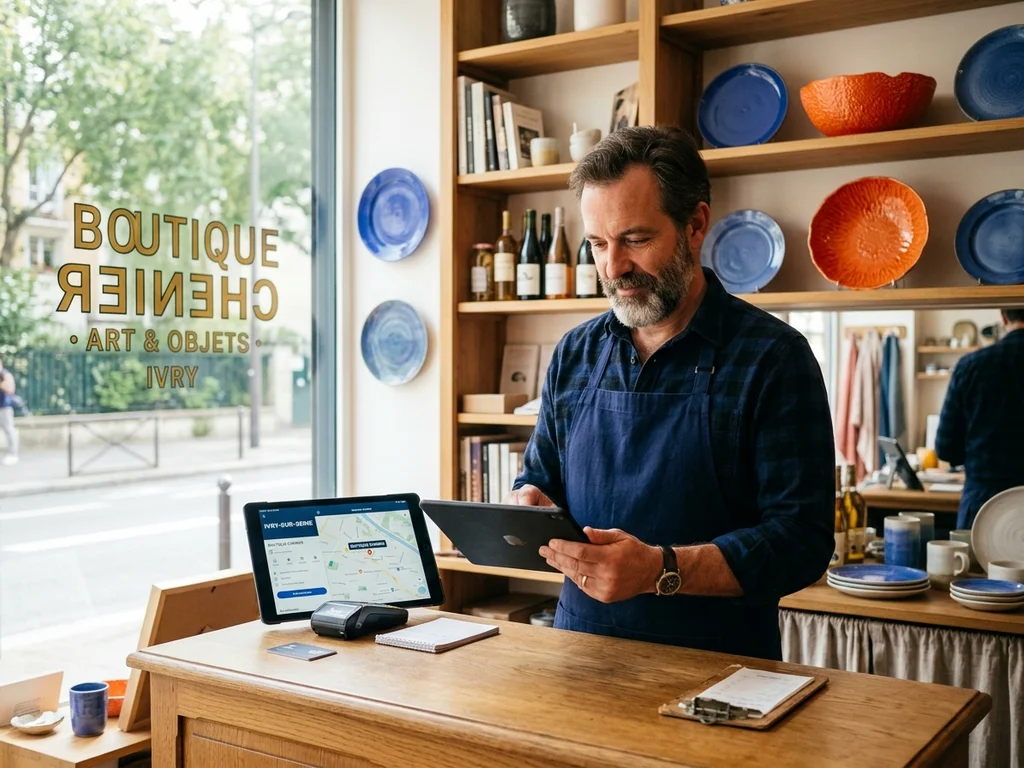 Commerçant d'Ivry-sur-Seine gérant sa fiche Google Business sur tablette pour booster sa visibilité locale.