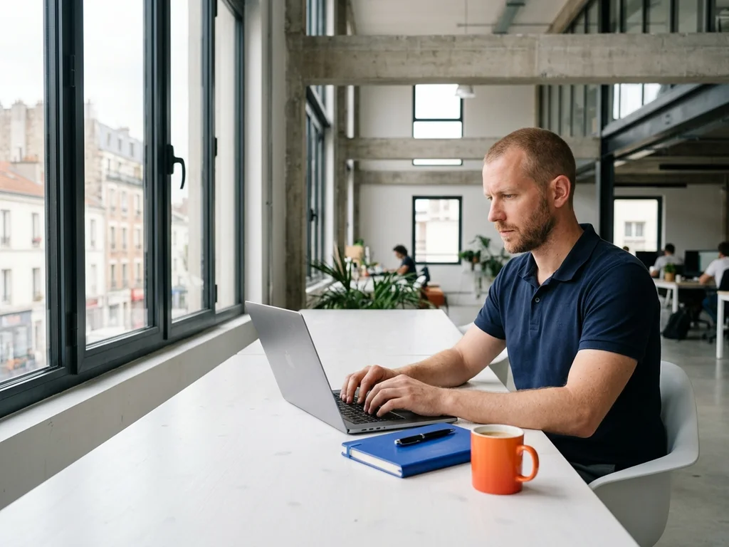 Consultant SEO travaillant sur son ordinateur dans un bureau lumineux d'agence à Ivry.