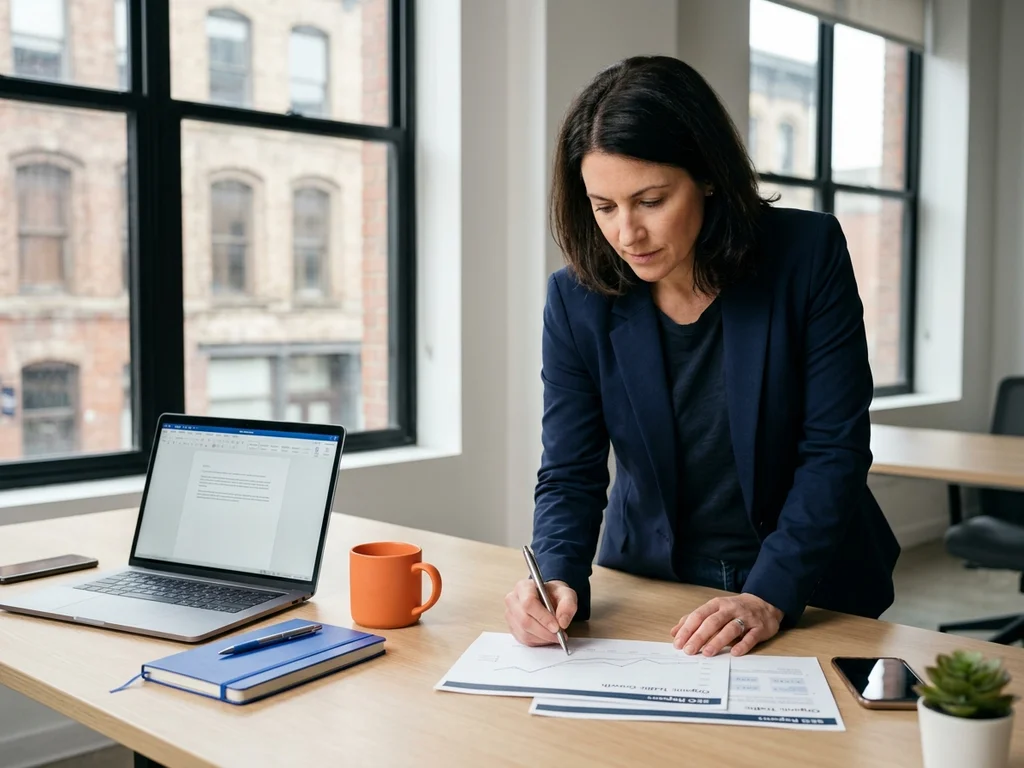 Une experte analyse un rapport de performance SEO papier pour une entreprise locale d'Ivry-sur-Seine.