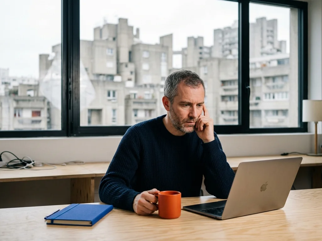 Consultant SEO travaillant à son bureau face aux immeubles emblématiques du quartier Gabriel-Péri à Ivry.