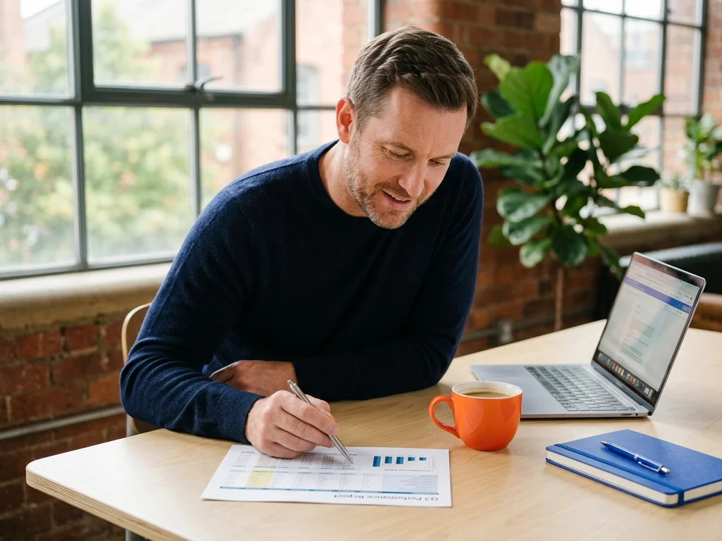 Consultant SEO analysant des rapports de performance locale dans un bureau lumineux à Ivry-sur-Seine.